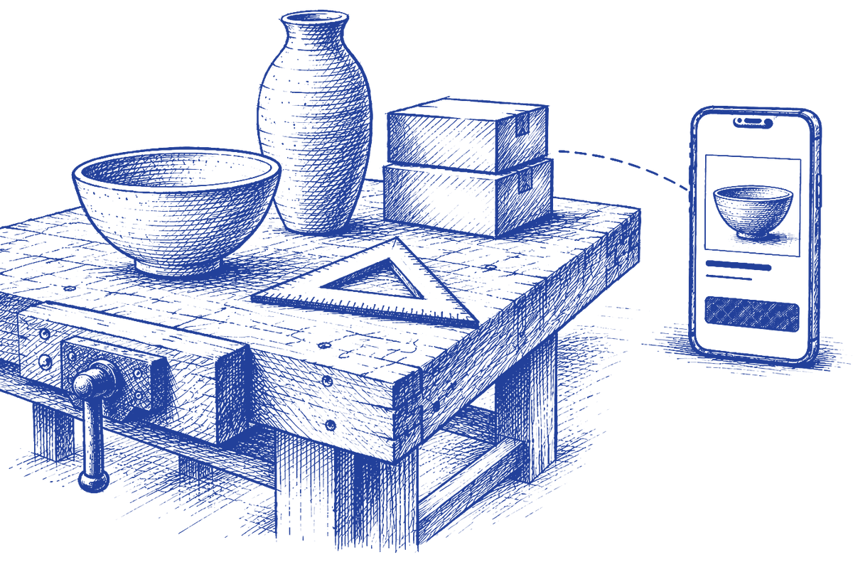 Ballpoint sketch of a maker’s workbench with a bowl, a vase, parcels and a set square, joined by a dashed line to a phone showing a product page